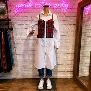 White Shirt Dress Red Plaid Corset Overlay Tartan Long Sleeve Y2K Preppy Cottage